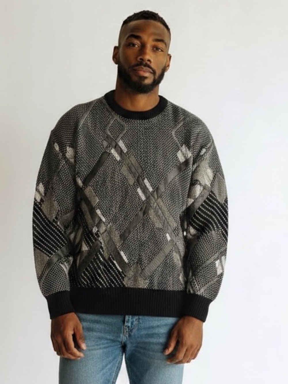 Vintage Urban Works Men's Gray Patterned Crewneck Sweater With Genuine Leather
